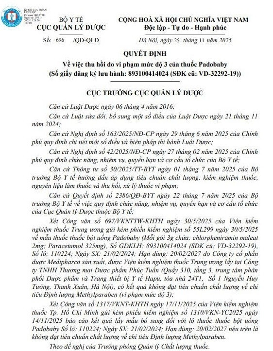 Quyết định của Cục Quản lý Dược về việc thu hồi thuốc Padobaby vi phạm mức độ 3/Ảnh chụp màn hình 1-6346.jpg