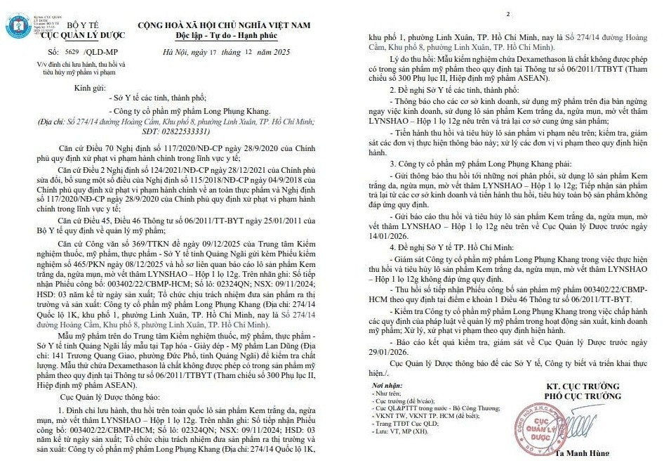 Công văn của Cục Quản lý Dược/ Ảnh chụp màn hình