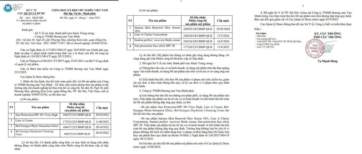 Công văn của Cục Quản lý Dược về việc đình chỉ lưu hành, thu hồi mỹ phẩm vi phạm