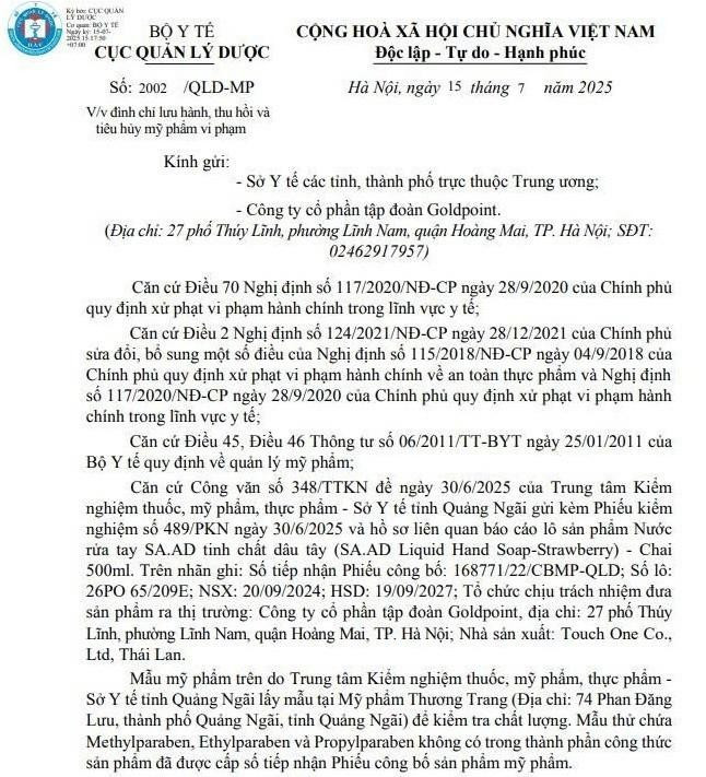 Thông báo của Cục Quản lý Dược về việc thu hồi trên toàn quốc lô sản phẩm nước rửa tay SA.AD tinh chất dâu tây - Ảnh chụp màn hình