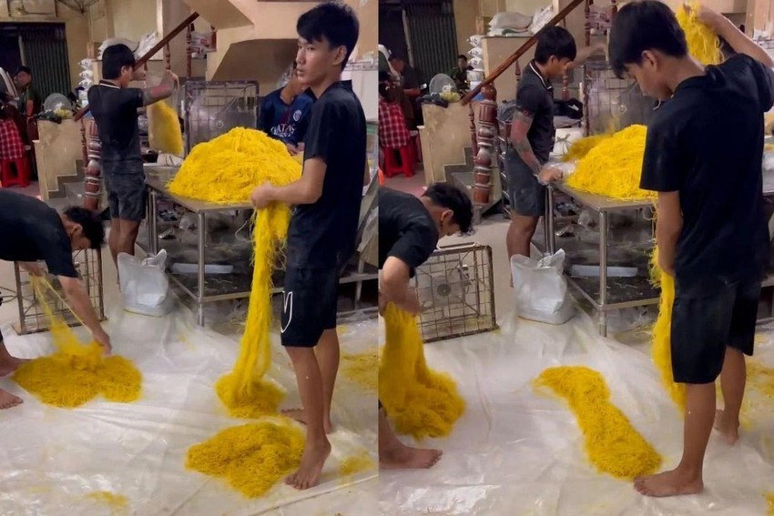 Các nhân công làm việc không có đồ bảo hộ cá nhân, chân giẫm lên sợi mì. Ảnh CA/Nguồn plo.vn
