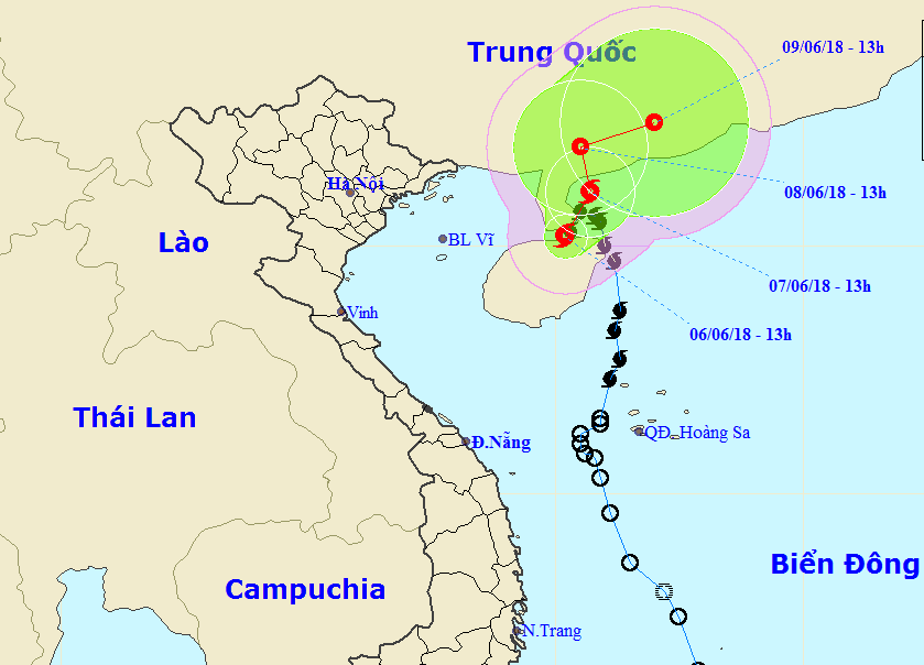 Vị trí và hướng di chuyển của cơn bão số 2. Ảnh: NCHMF.