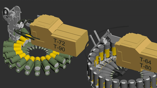 Cận cảnh cơ chế nạp đạn tự động của T-90 và T-72 (giống nhau) ở bên trái. Vòng đạn dự trữ được đặt bên dưới tháp pháo, các loại đạn sẽ được đặt so le nhau và sẽ cần thời gian để vòng đạn xoay đến đúng loại đạn chỉ định. Nguồn ảnh: Gify.