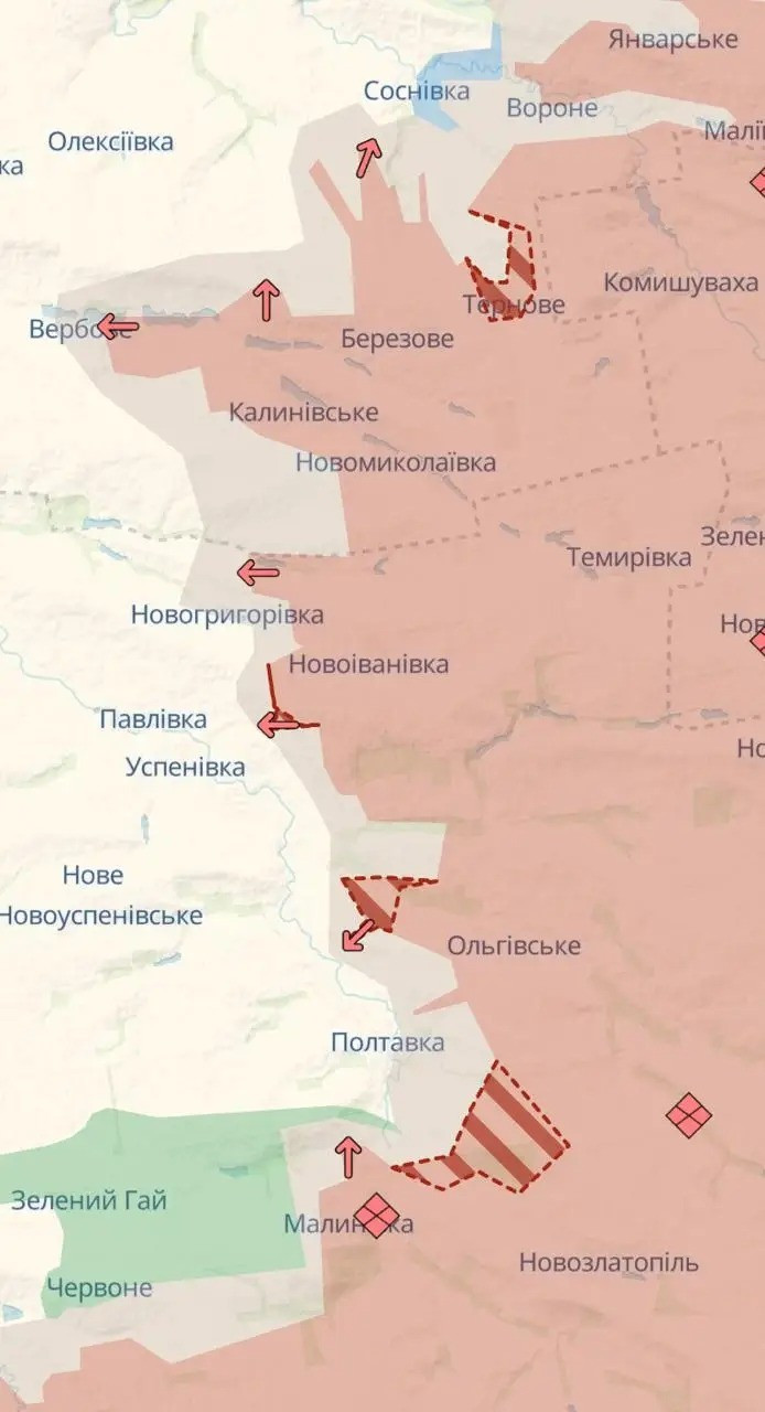За даними українських ЗМІ, Збройні сили Росії останніми днями досягли стабільного прогресу, особливо на напрямку Покровське – Гуляйполе, який вважається «другим оборонним поясом» України на півдні. Російські підрозділи просунулися в районі сіл Новоіванівка, Ольгівське, Вишневе та Тернове, значно розширивши зону контролю. 2-anh-topwar.jpg
