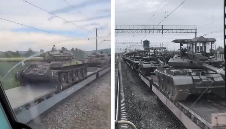 Aktuelle Fotos und Videos in den sozialen Medien zeigen russische Militärzüge, die T-62-Panzer vom Lager zu Industrieanlagen transportieren, wo sie repariert und modernisiert werden, bevor sie wieder auf das Schlachtfeld in der Ukraine zurückkehren. Foto: @militarnyi. 1.jpg