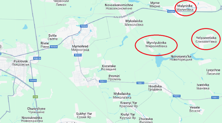 Si hablamos de los combates más feroces, debemos mencionar la zona al este de Pokrovsk. En las últimas 24 horas, las fuerzas ucranianas estacionadas entre Malynivka y Mirolyubivka han sufrido grandes pérdidas. La artillería y los drones rusos se coordinaron para atacar el campo de batalla, convirtiendo el área en escombros. Foto: Google Maps tj11-anh-gg-maps.png