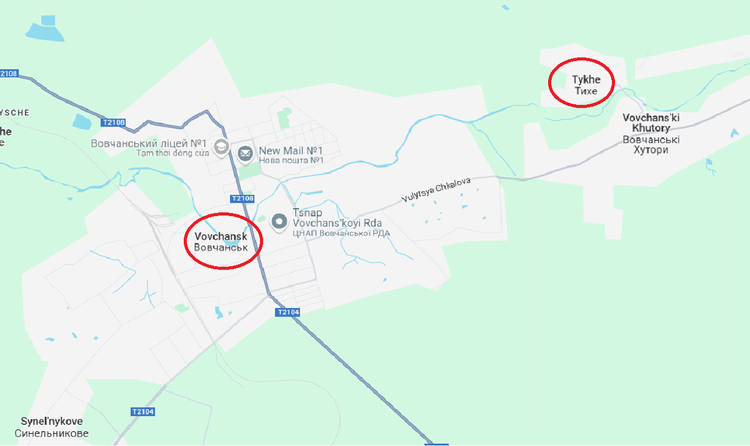 En la ciudad de Vovchansk, las tropas rusas han ido avanzando cada vez más profundamente en los últimos días. Para el 27 de mayo, básicamente habían controlado la zona norte de la ciudad, lo que obligó a la mayoría de las principales fuerzas ucranianas a retirarse a la orilla sur del río Vovcha para cavar trincheras y establecer una nueva línea de defensa. Foto: Google Maps tj7-anh-gg-maps.png