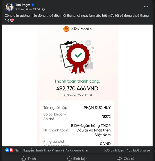 Bài đăng của Tun Phạm thu hút hơn 7.700 lượt tương tác. Ảnh chụp màn hình untitled-1749269331793-1749269333549771502549.png