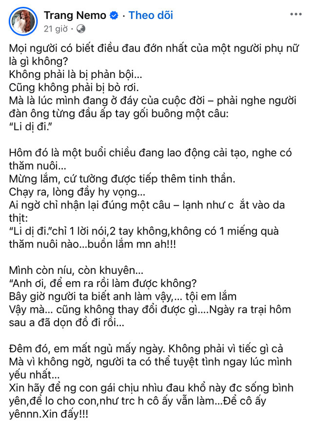 Chia sẻ gây xôn xao mạng xã hội của Trang Nemo. trang-nemo-gay-soc-khi-to-chong-cu-boi-bac-doi-ly-di-khi-vo-dang-thi-hanh-an-ed3bb0883d3a4d2f9035f15530ef8a2b-452.jpg