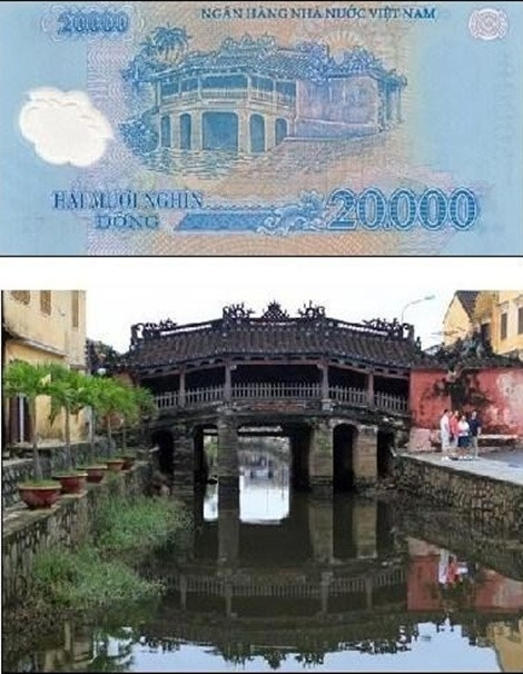 Địa danh chùa Cầu, Hội An được in trong tờ tiền mệnh giá hai mươi nghìn đồng