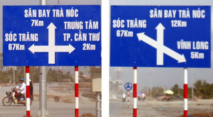Dựng cách nhau chưa đầy 40m, 2 tấm biển báo chỉ đường lên sân bay Trà Nóc (hiện đã đổi tên thành sân bay Cần Thơ), một tấm biển ghi 7km, tấm biển còn lại ghi 12km khiến người dân đi hoa mắt chẳng biết biển nào đúng, biển nào sai?.
