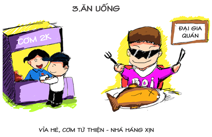 Ăn uống cũng là 1 vấn đề giữa sĩ tử ở gia đình khá giả và không có điều kiện. Với những sĩ tử không có điều kiện, các em luôn tìm những quán ăn giá thành rẻ, để tiết kiệm chi phí. Đối với sĩ tử có điều kiện, các em sẽ được đáp ứng đầy đủ hơn.