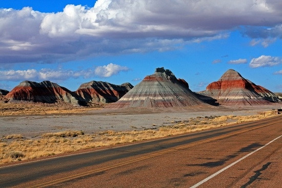Sa mạc sặc sỡ - Painted Desert, Mỹ: Sa mạc sặc sỡ của Mỹ là hàng loạt những ngọn đồi cằn cỗi, thảm thực vật ở đây vô cùng thưa thớt và bị xói mòn nghiêm trọng. Những màu sắc của sa mạc này được hình thành bởi các lớp trầm tích được xếp chồng lên nhau một cách chặt chẽ. Khung cảnh của sa mạc này giống như những chiếc bánh nhiều lớp đầy màu sắc.