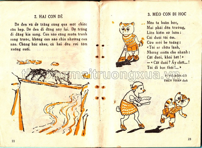Truyện ngắn Hai con dê và bài thơ Mèo con đi học là những tác phẩm hài hước, để lại cho học sinh nhiều ấn tượng khó quên. Chị Nguyễn Thảo Vân (Hà Nội) tâm sự, bài thơ Mèo con đi học khiến chị nhớ mãi vì viết sai chính tả, bị cô giáo phê bình.