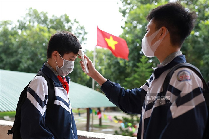Các em kiểm tra thân nhiệt, sát khuẩn tay rồi được dẫn về lớp theo các luồng di chuyển định sẵn, thay vì tự do đi lại như trước. Em Đỗ Đức Mạnh - học sinh lớp 9E đo thân nhiệt cho các bạn trước và sau khi tan học. (Ảnh: Lao Động)