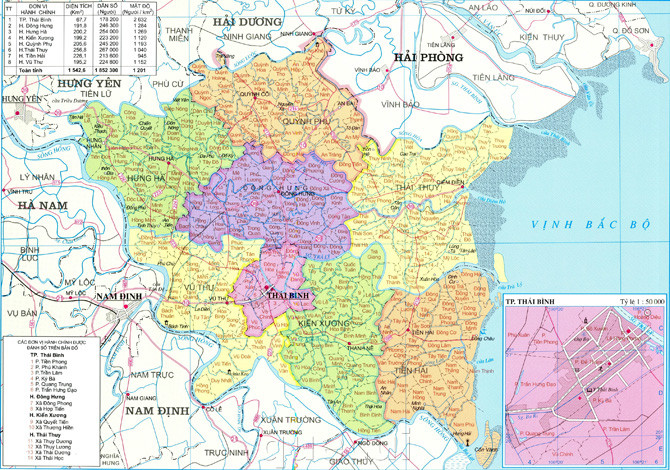 Tổng diện tích đất tự nhiên của tỉnh Thái Bình là 1.570,5 km2. Tỉnh Thái Bình có 8 đơn vị hành chính cấp huyện trực thuộc, bao gồm 1 thành phố và 7 huyện với 260 đơn vị hành chính cấp xã, bao gồm 10 phường, 9 thị trấn và 241 xã.