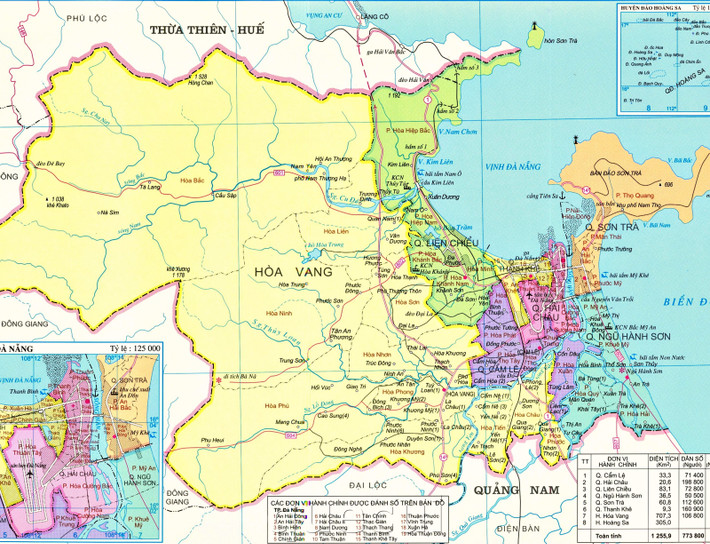 Tổng diện tích đất tự nhiên của tỉnh Đà Nẵng là 1.285,4 km2. Đà Nẵng có 8 đơn vị hành chính cấp quận, huyện với 56 đơn vị hành chính cấp xã, trong đó có 45 phường và 11 xã.