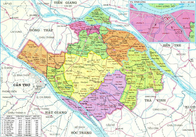 Tổng diện tích đất tự nhiên của tỉnh Vĩnh Long là 1.475 km2. Tỉnh Vĩnh Long có 8 đơn vị hành chính cấp huyện, gồm 1 thành phố, 1 thị xã và 6 huyện với 107 đơn vị hành chính cấp xã, bao gồm 6 thị trấn, 14 phường và 87 xã.