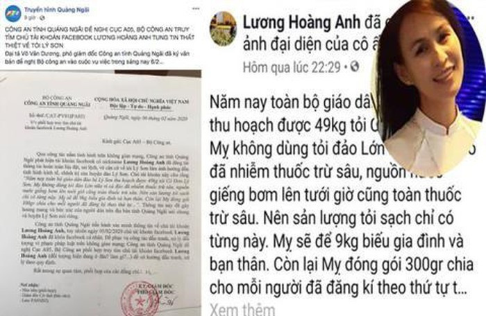 Tung tin sai về tỏi Lý Sơn, nữ doanh nhân bị phạt 12,5 triệu đồng: Ngày 24/2, Chánh thanh tra Sở TT-TT TP.HCM Nguyễn Đức Thọ đã ký quyết định xử phạt hành chính bà Lương Hoàng Anh về hành vi "cung cấp thông tin có nội dung sai sự thật, gây ảnh hưởng xấu đến tình hình kinh tế nông nghiệp của huyện Lý Sơn, tỉnh Quảng Ngãi". Mức xử phạt là 12,5 triệu đồng.