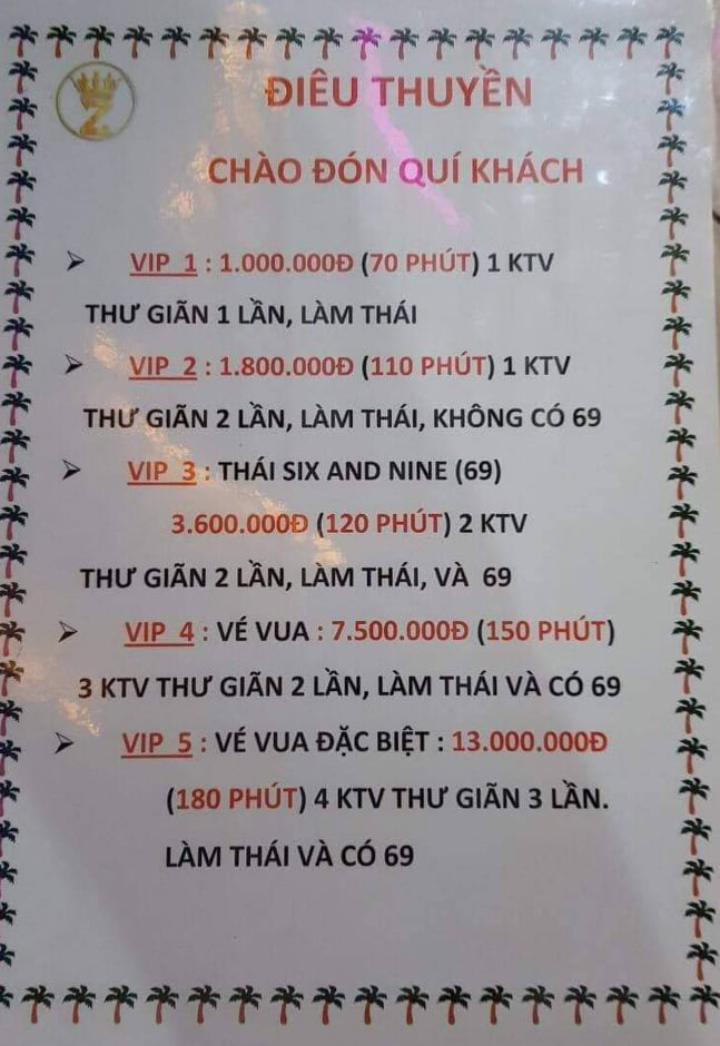 6 nữ nhân viên và 1 quản lý được đưa về trụ sở công an lấy lời khai. Các cô gái cho biết khi có khách đến thì sẽ được rỉ tai nếu có nhu cầu vui vẻ. Với các gói dịch vụ, khách sẽ được "chiều" … tùy theo túi tiền.