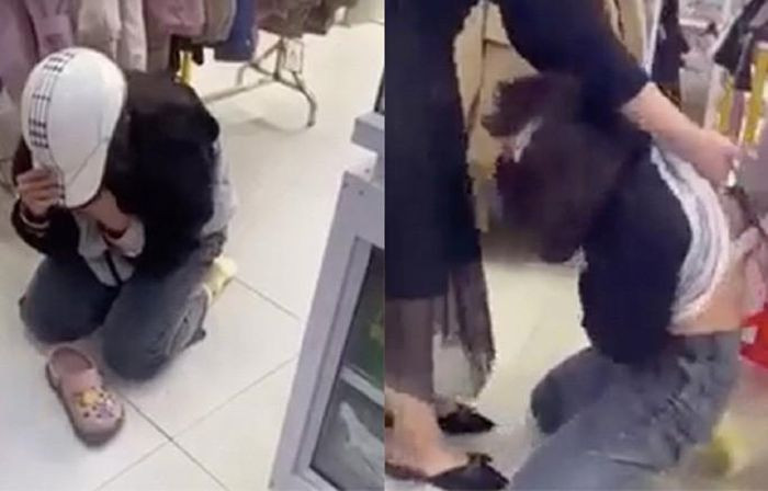 Trước đó, ngày 3/12, trên mạng xã hội facebook xuất hiện một đoạn clip ghi lại cảnh cô gái đầu đội mũ bảo hiểm đang quỳ gối dưới đất khóc lóc van xin khi bị một người phụ nữ liên tục dùng kéo cắt tóc và hành hạ tại một cửa hàng quần áo.