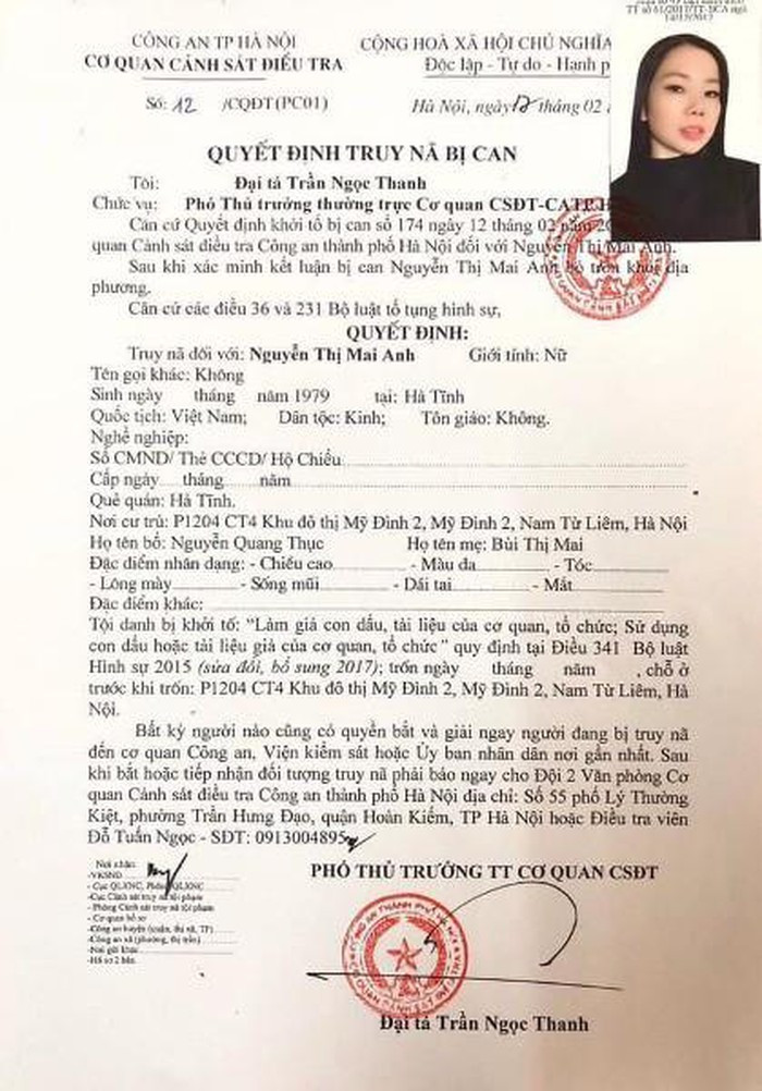 Theo tài liệu điều tra, từ năm 2018 đến tháng 6.2019, bị can Mai Anh đã thuê một số đối tượng làm giả các kết luận giám định tâm thần, biên bản pháp y tâm thần và các công văn, giấy tờ của Viện Pháp y tâm thần T.Ư, Bệnh viện tâm thần T.Ư, Tòa án nhân dân tỉnh Thanh Hóa,...
