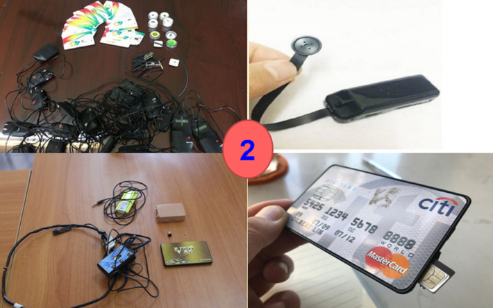 Thiết bị thu phát phổ biến được ngụy trang dưới đồ vật thông dụng, như thẻ ATM, bút viết, đồng hồ, kính mắt, dây thắt lưng; máy tính cầm tay... Thiết bị này được gắn thẻ sim điện thoại, 3G, 4G; hoạt động theo nguyên lý của máy điện thoại, hoặc nguyên lý thu phát sóng wifi, bluetooth, hay giao tiếp trường gần. (Ảnh Công an TP Hà Nội)