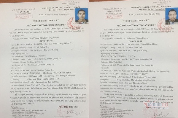 Cùng ngày, Cơ quan CSĐT Công an huyện Cam Lộ đã ra quyết định truy nã đối với Tiềm và Trân với tội danh nói trên và tội "Trốn khỏi nơi giam" quy định tại Điều 386 Bộ luật Hình sự”. Trong đó, Nguyễn Văn Tiềm bị khởi tố về tội “Tàng trữ trái phép chất ma túy” và Đoàn Trân bị khởi tố về tội “Vận chuyển trái phép chất ma túy”. (Ảnh: Vietnamnet)