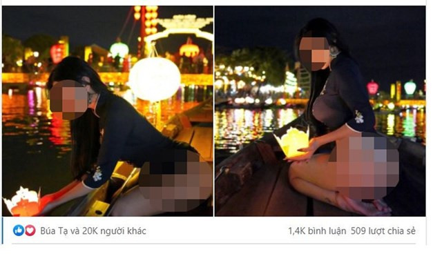 Tìm nữ du khách "khoe mông" phản cảm ở phố cổ Hội An: Tối 4/4, tài khoản MS PUIYI đăng tải hình ảnh cô gái cầm hoa đăng, ngồi trên chiếc thuyền giữa dòng sông Hoài ở phố cổ Hội An. Trong ảnh cô gái mặc quần nội y và để lộ phần lớn vòng 3. Ngày 5/4, ông Tống Quốc Hưng, Trưởng phòng Văn hóa và Thông tin TP Hội An cho biết đang tìm tung tích cô gái ăn mặc phản cảm này.