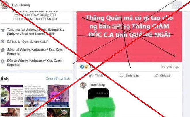 Danh tính kẻ dọa bắn Giám đốc Công an tỉnh Quảng Ngãi: Ngày 22/2, Công an tỉnh Quảng Ngãi cho biết đã xác định Lê Văn Quân (33 tuổi, trú xã Nghĩa Lâm, huyện Tư Nghĩa, Quảng Ngãi) là kẻ dùng tài khoản Facebook thông tin với nội dung đe dọa, khủng bố lực lượng Công an và cá nhân Giám đốc Công an tỉnh này. Qua đó, Công an tỉnh Quảng Ngãi đã khởi tố, bắt tạm giam Quân.