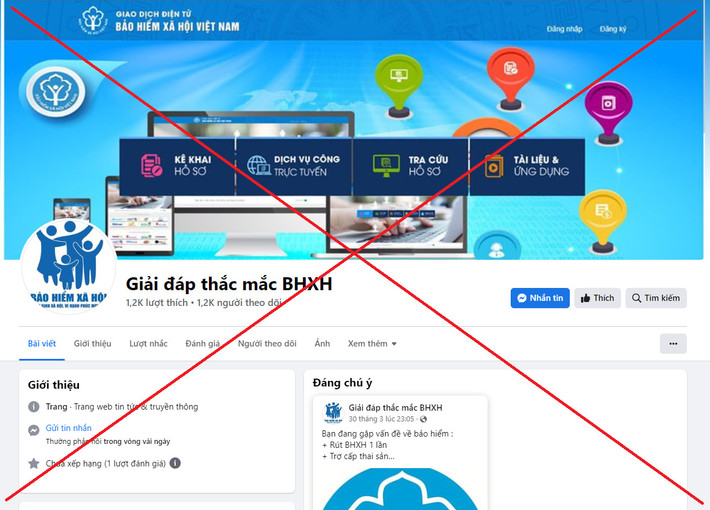 Giả mạo cơ quan BHXH Việt Nam: Mới đây, cơ quan BHXH Việt Nam tiếp tục nhận được phản ánh từ nhiều người dân về việc bị một số fanpage giả mạo BHXH Việt Nam lừa đảo, chiếm đoạt tiền của người dân qua mạng xã hội. Cụ thể, ngày 19/4/2023, do có nhu cầu cần gộp sổ BHXH, một người phụ nữ tại Lạng Sơn đã tìm kiếm sự trợ giúp từ một trang mạng xã hội Facebook có tên "Giải đáp thắc mắc BHXH".
