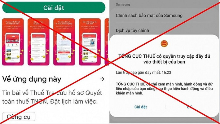 Giả mạo ứng dụng ngành Thuế để lừa đảo: Tháng 4/2023, Tổng cục Thuế cho biết có hiện tượng một số đối tượng giả danh cán bộ thuế cung cấp đường dẫn và hướng dẫn người nộp thuế cài đặt các phần mềm giả mạo ứng dụng của cơ quan thuế nhằm lấy cắp thông tin cá nhân, thông tin tài khoản ngân hàng với mục đích chiếm đoạt tài sản. Cơ quan thuế khuyến cáo người nộp thuế tuyệt đối không tải hoặc cài đặt ứng dụng của cơ quan thuế cho máy tính/điện thoại thông minh qua các đường dẫn không phải do Tổng cục Thuế cung cấp.