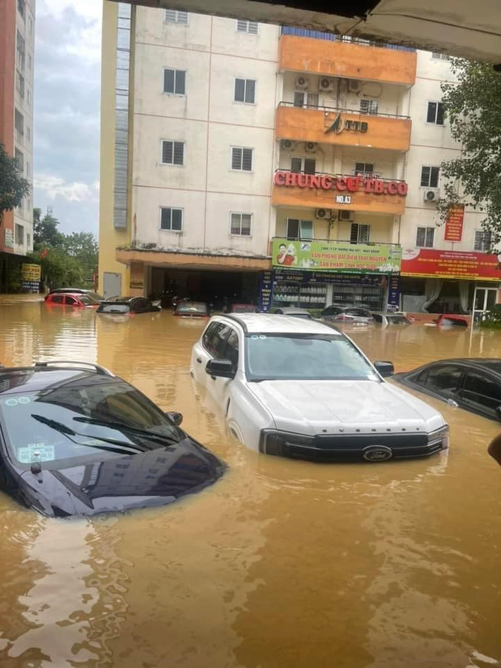 Nhiều xe ô tô bị ngập sâu không thể di chuyển.