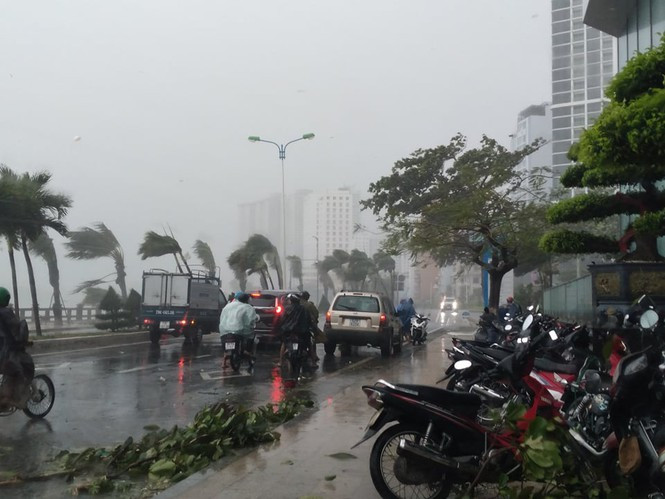 Mưa to, gió lớn khiến nhiều ô tô không thể di chuyển trên đường ven biển. Ảnh Tiền Phong.