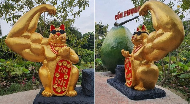 Nổi đình nổi đám nhất là "mèo lực sĩ" đến từ Bến Tre. Không chỉ gây sốt với cánh tay cơ bắp cuồn cuộn, "mèo lực sĩ" còn khiến du khách hoang mang vì không hiểu ý nghĩa tạo hình chú mèo cơ bắp theo kiểu một bên có một bên không. Được biết, linh vật mèo tại Cồn Phụng được tạc bằng bê tông trong hơn một tuần, đặt tên là "mèo tập tạ Bến Tre".