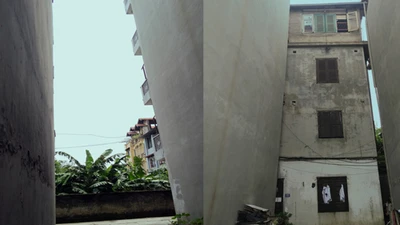 Cận cảnh ngôi nhà 5 tầng nghiêng chờ sập đáng sợ giữa Hà Nội