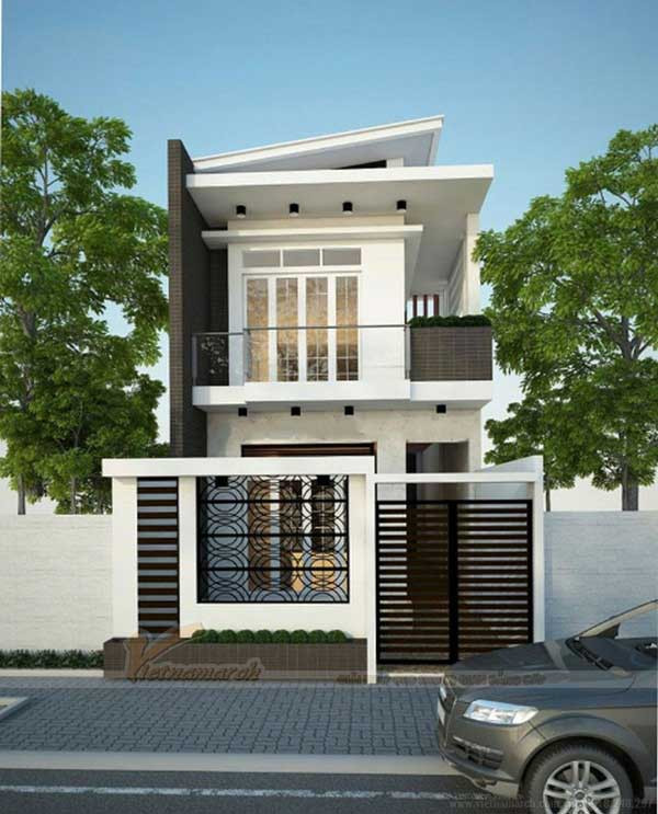 Mẫu nhà 2 tầng nổi bật với thiết kế phá cách ở phần mái cùng hoạ tiết trang trí mới lạ. Ảnh: Xaydungso