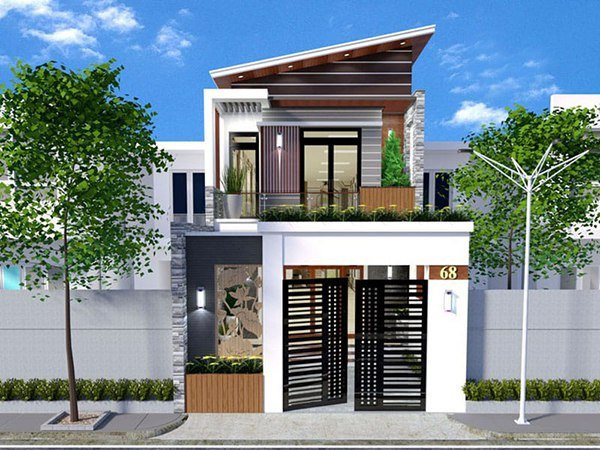 Mẫu nhà 2 tầng có độ cao vừa phải, tầng 2 có phần thu hẹp hơn so với tầng 1 để nhường chỗ cho ban công thoáng và rộng hơn. Ảnh: Xaydungso