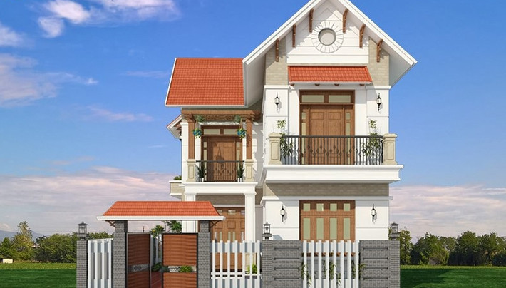 Ngôi nhà 2 tầng nổi bật với hình khối đỏ và những đường gờ, phào chỉ trang trí bắt mắt. Ảnh: Thiekenhadepaau