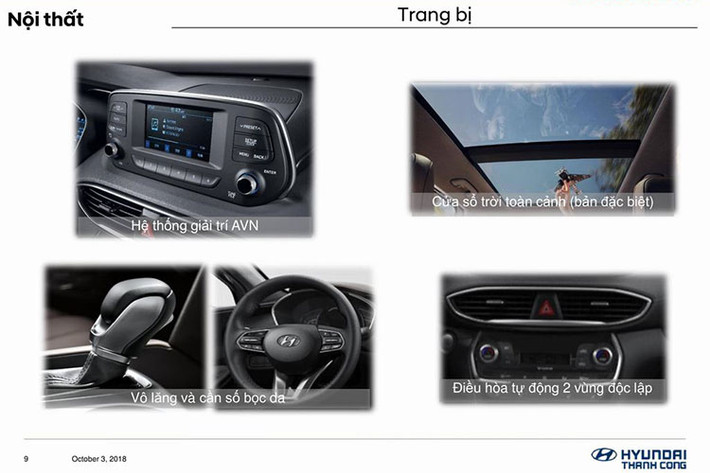 Riêng sạc điện thoại không dây, cửa sổ trời toàn cảnh và màn hình công-tơ-mét siêu sáng 7 inch chỉ có trên 2 bản đặc biệt của Hyundai SantaFe 2019 tại Việt Nam. Trong khi đó, 2 bản 2.4 Xăng và 2.2 Dầu sẽ dùng màn hình công-tơ-mét 3,5 inch.