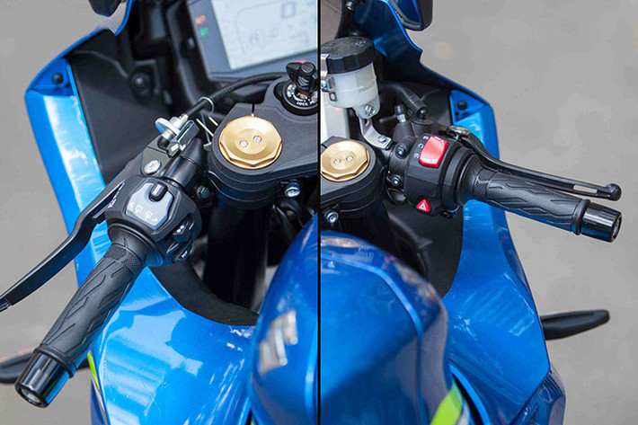 Ở các hệ thống đèn báo, Suzuki cũng đã loại bỏ xi-nhan tích hợp trên gương hậu, thay vào đó là đèn báo rẽ được lắp trên thân xe một cách rất khéo léo. Với đặc điểm thiết kế này, các tay chơi Việt sẽ tháo bỏ dễ dàng gương hậu mà không cần lăn tăn tới việc thiết lập lại đèn xi-nhan trước cho xe. Các nút bấm điều khiển không có gì thay đổi.