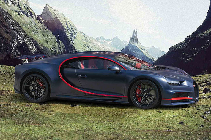 Ngoại thất Bugatti Chiron thứ 100 mang màu xanh dương carbon nhám kết hợp với những đường chỉ màu đỏ nổi bật ở phần cản trước kéo dài ra thân xe tạo hình chữ C. Nội thất cũng sử dụng tông màu đỏ làm chủ đạo.