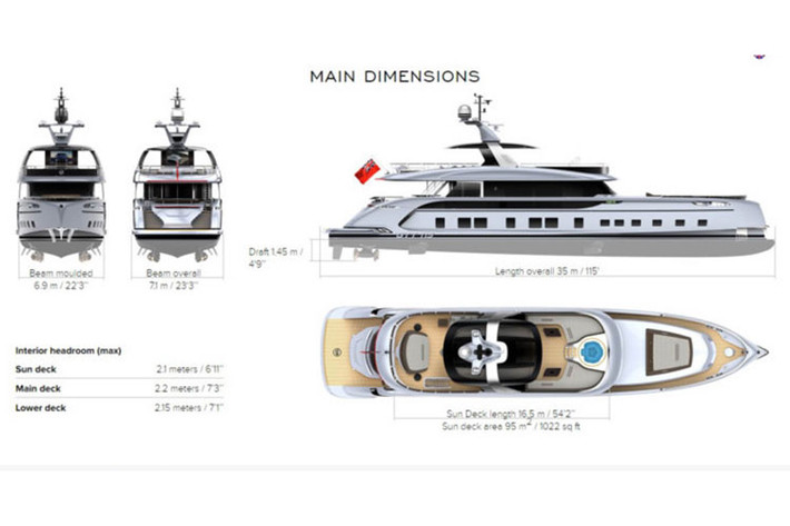 Du thuyền GTT 115 được chế tạo hoàn toàn bằng nhôm 5083, có chiều dài tổng thể 35m, bề ngang tổng thể 7,1m, vạch mớn nước 1,45m, khoang chứa nhiên liệu (diesel) 24.000 lít, khoang chứa nước ngọt 4.000 lít.