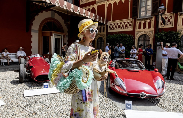 Khách tham quan đang bế chú chó đi ngang qua chiếc Maserati SpA 250F đời 1954 (trái), mẫu xe đạt giải Coppa d'Oro Villa d'Este và chiếc Alfa Romeo 33/2 Stradale đời 1968. Stradale từng là một trong số mẫu xe nhanh nhất những năm 60 thế kỷ trước.