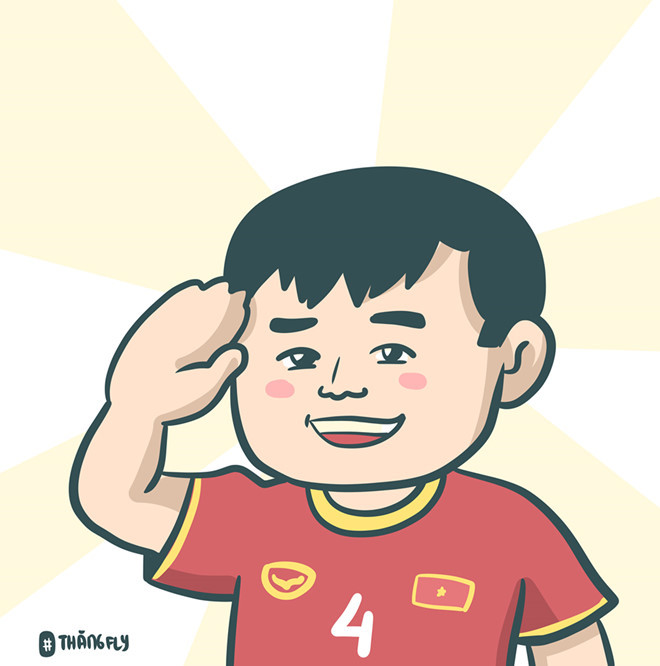 Được giao nhiệm vụ "kết liễu" đối thủ bằng tình huống sút luân lưu cuối cùng, trung vệ Bùi Tiến Dũng đã không mắc sai lầm dù nhỏ nhất. Pha lập công của Tiến Dũng rất đặc biệt bởi vào đúng ngày 20/1 của một năm trước, anh cũng chính là người ghi bàn thắng ấn định chiến thắng 5-3 trên chấm 11 m trước U23 Iraq, đưa đội tuyển U23 Việt Nam vào vòng bán kết giải Vô địch bóng đá U23 châu Á 2018. Không cởi áo khoe "body" như năm trước, cầu thủ mang áo số 4 ăn mừng với kiểu chào theo phong cách của người lính. Ảnh: Thăng Fly Comics.