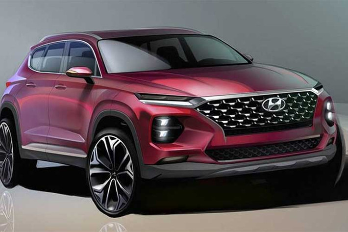 Ngay từ cái nhìn đầu tiên, rõ ràng có thể thấy mẫu xe Hyundai Santa Fe 2019 thế hệ thứ 4 đã có một cuộc cải tổ đáng kể về thiết kế. Mặt trước của xe sẽ được phát triển từ người đàn em Kona. Hộc đèn sương mù lớn của xe đối nghịch với cụm đèn chiếu sáng và dải LED nhỏ.
