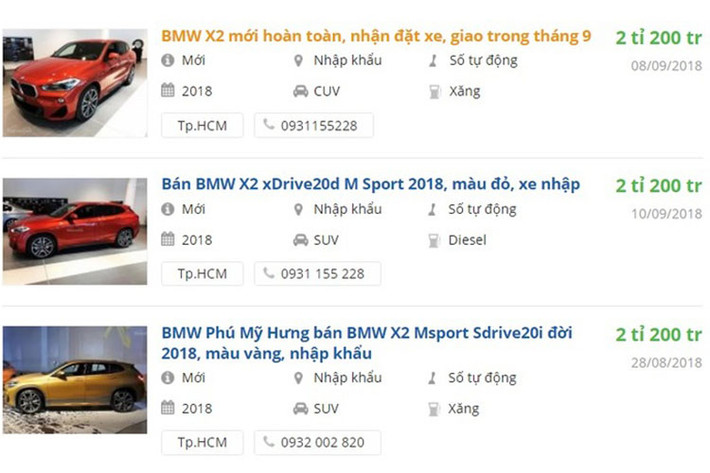 Hiện tại một số đại lý chính hãng của Thaco BMW tại Việt Nam đã bắt đầu nhận đặt cọc xe BMW X2 với giá bán tạm tính là 2,2 tỷ đồng, thời gian nhận xe nhanh nhất là giữa tháng 10 hoặc đầu tháng 11/2018.