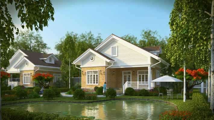 Biệt thự nhà vườn rộng rãi với hồ nước phía trước tạo không gian sống thân thiện. Ảnh: Kientrucnhaxinh.