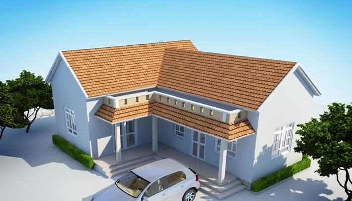 Nhà cấp 3 mái thái hình chữ L được thiết kế 3 phòng ngủ, 1 phòng khách và 1 phòng bếp + ăn. Cửa hậu phía sau nhà tạo sự thông thoáng cho ngôi nhà. Ảnh: Thietkethicongnhadep.