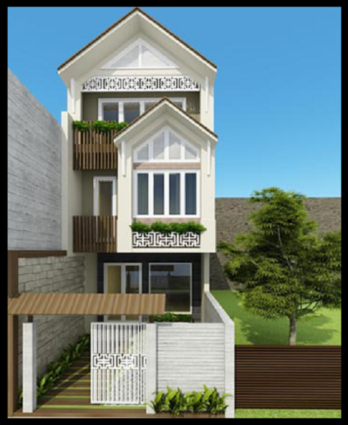 Nhà phố 3 tầng sở hữu vóc dáng thanh tao trên nền mái thái giật cấp nhẹ nhàng, hiện đại. Ảnh: Maunhadepmoi.